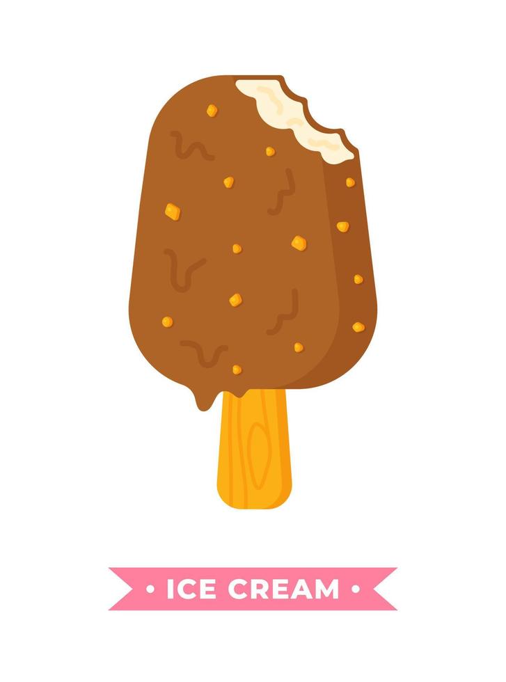 ilustración vectorial de helado de chocolate con nueces en un palo aislado en fondo blanco con inscripción. vector