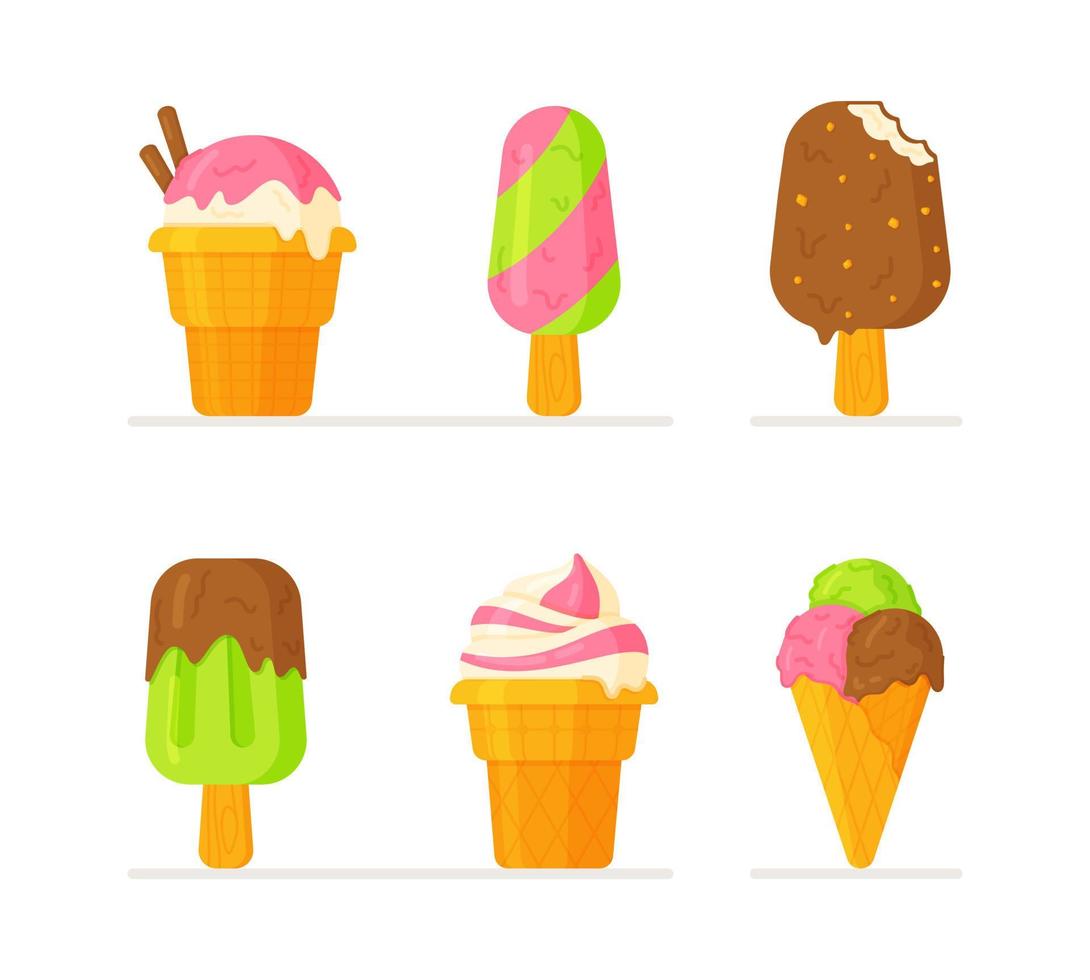 una colección de diferentes íconos coloridos de helados.diferentes tipos de helados aislados en fondo blanco. vector