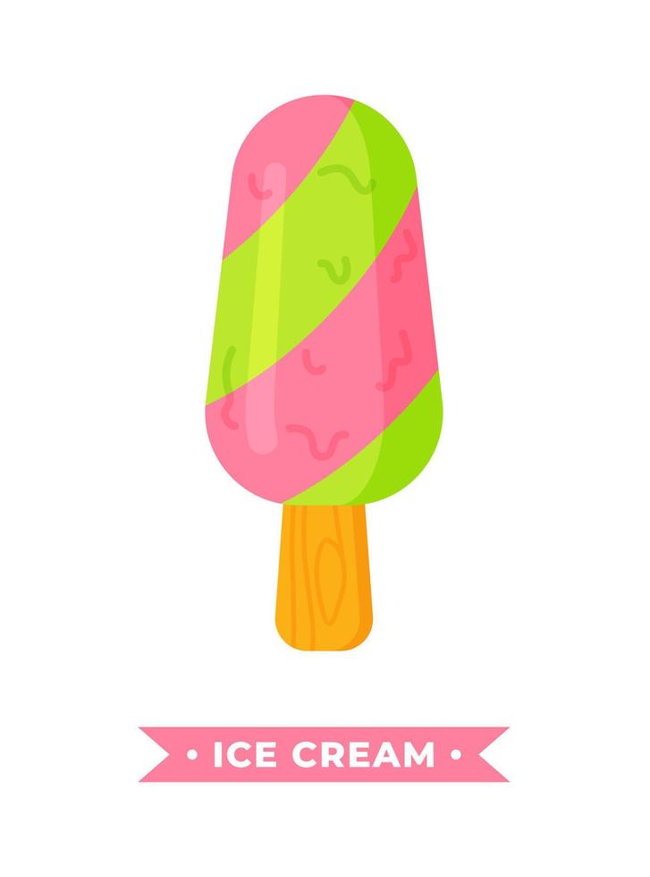 Strawberry pistachio melting ice on a stick. Vector illustration of a fruit ice cream isolated on a white background.