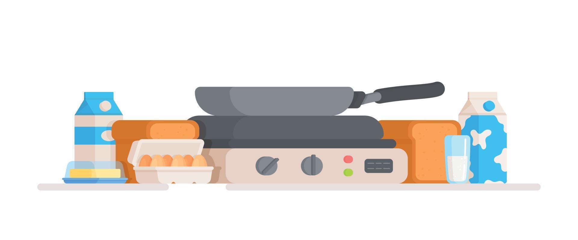 Vector illustration of preparing the kitchen to make eggs or omelets. A quick breakfast.