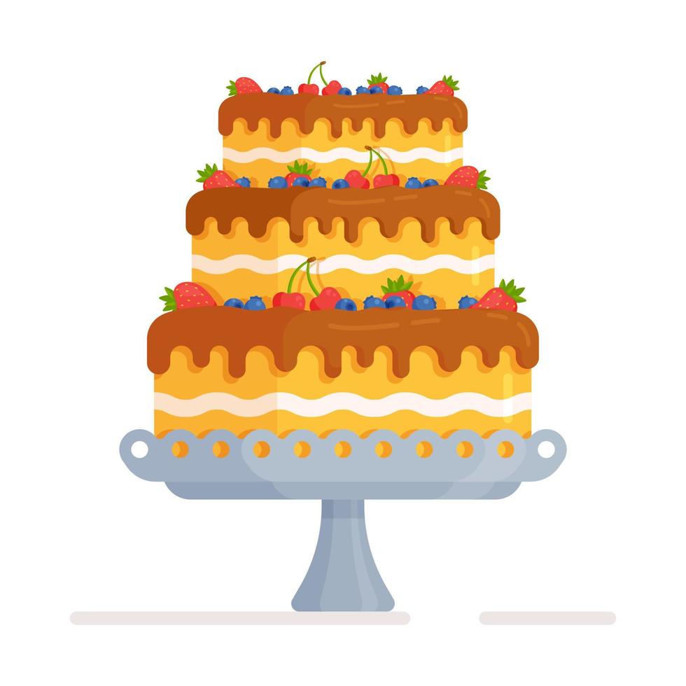ilustración vectorial de un gran pastel de cumpleaños de tres pisos. para su sitio web, tarjeta de felicitación, banner de vacaciones. pastel por encargo. vector
