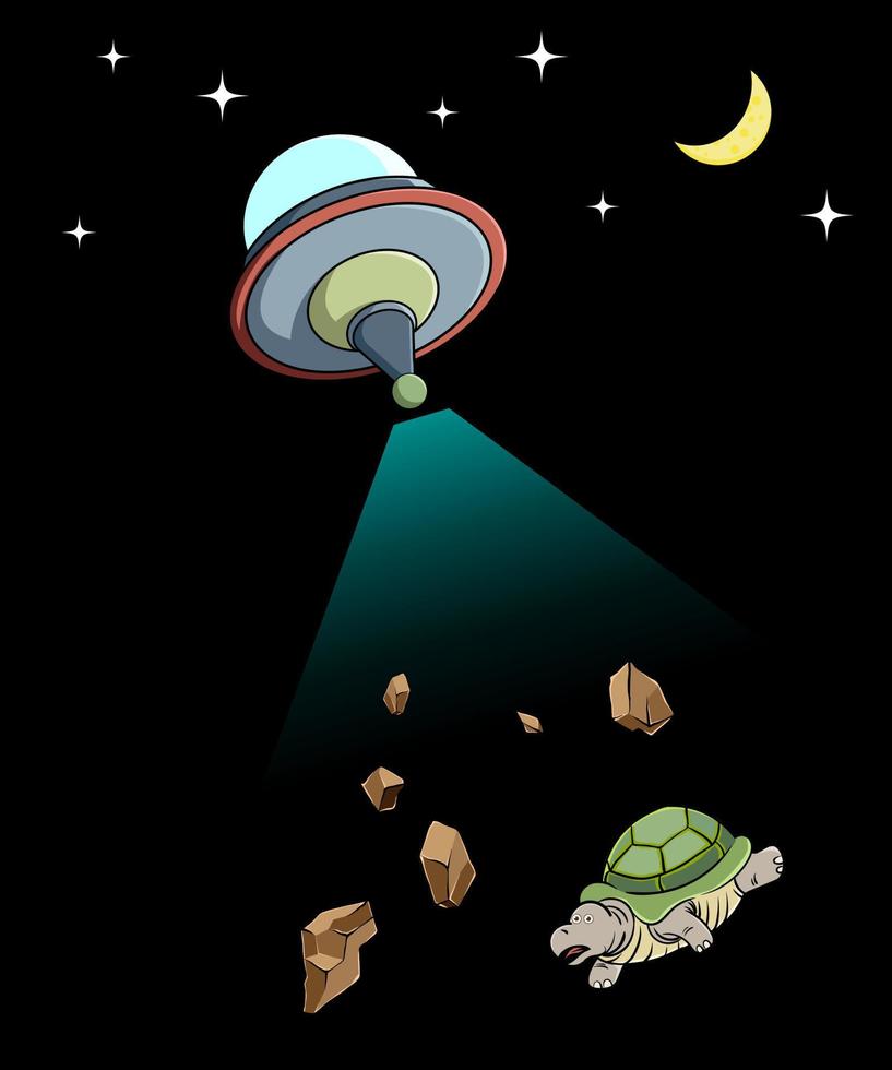 ilustración ovni disparando rayos de color azul a tortugas y piedras en dibujos animados vector