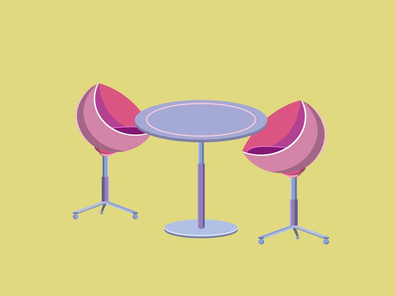 couple of pink round chair with blue round table flat illustration on yellow background vector