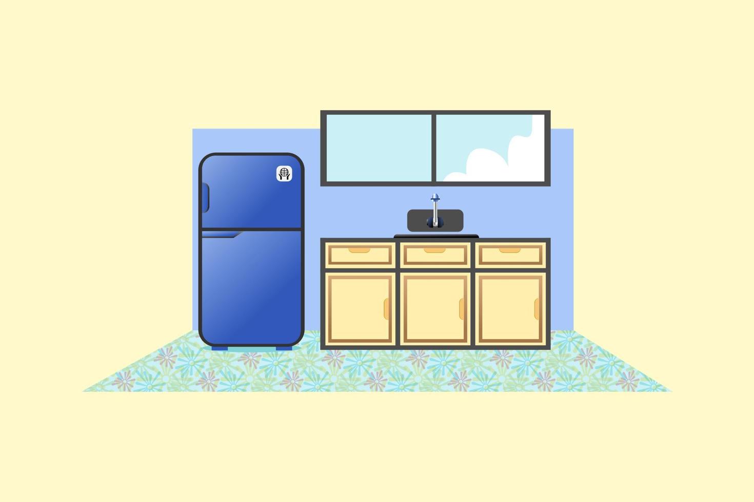 Illustration of kitchen interior with refrigerator, sink, window, stove, and cabinet vector