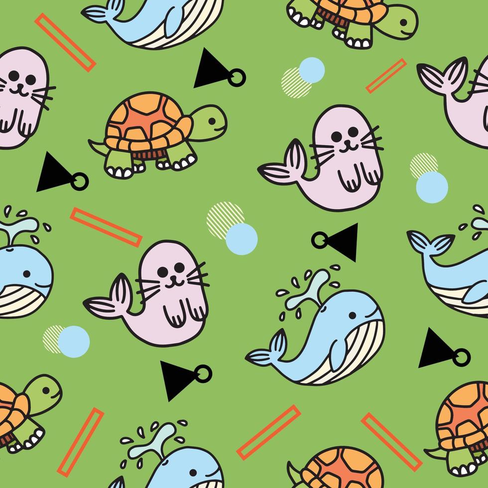 cute sea turtle dolphin animal seamless pattern wallpaper with design green. vector