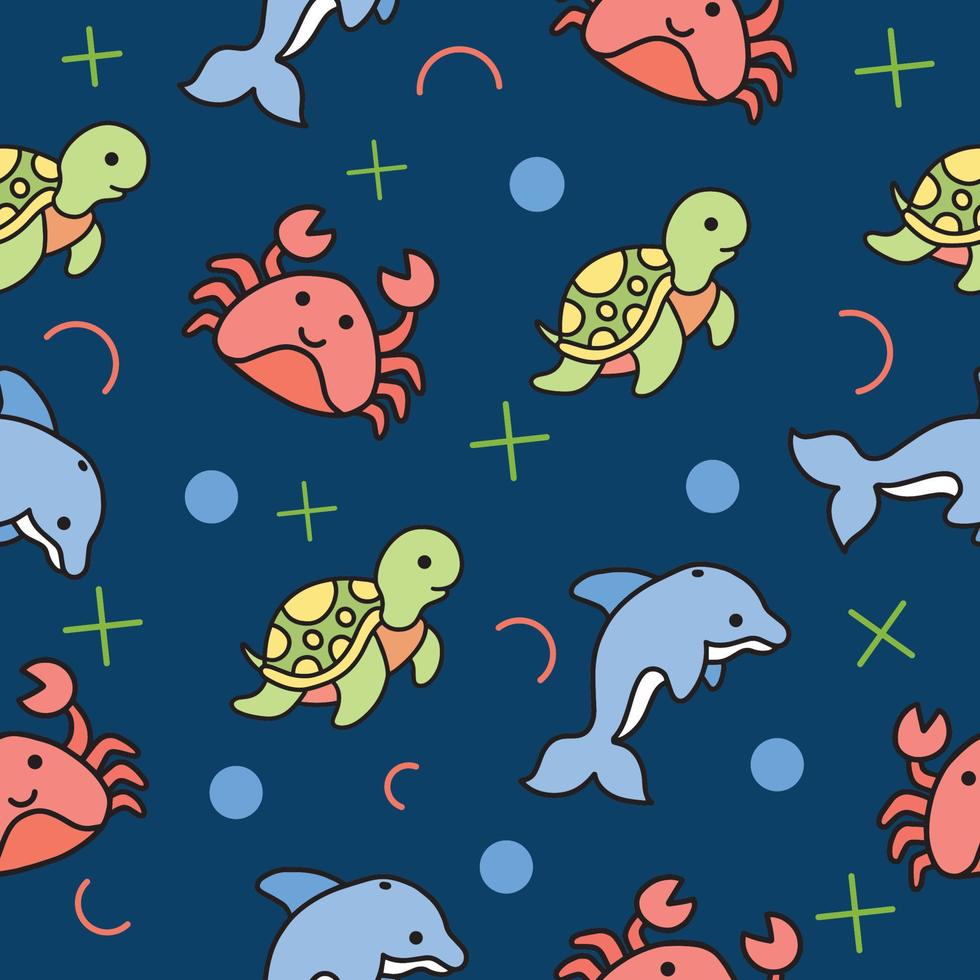 lindo animal cangrejo marino y tortuga delfín papel tapiz de patrones sin fisuras con diseño azul marino oscuro. vector