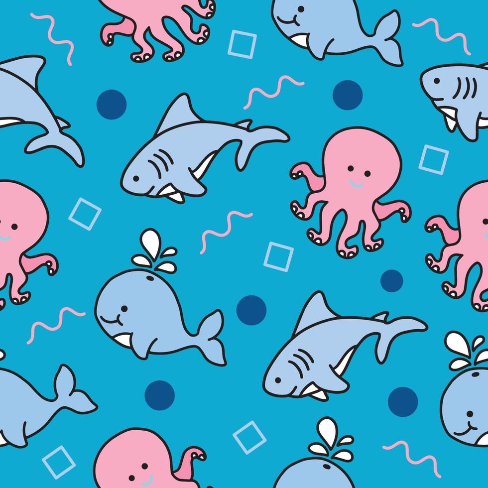cute sea whale octopus and shark animal seamless pattern wallpaper with design light sea blue. vector
