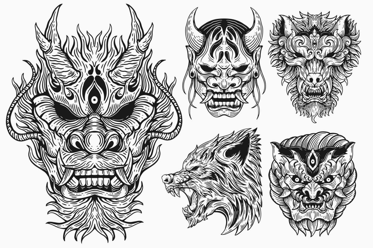 Set Bundle Skull Devil Mask and Beast Horror Hand drawn Hatching Outline Symbol Tattoo Merchandise T-shirt Merch vintage vector