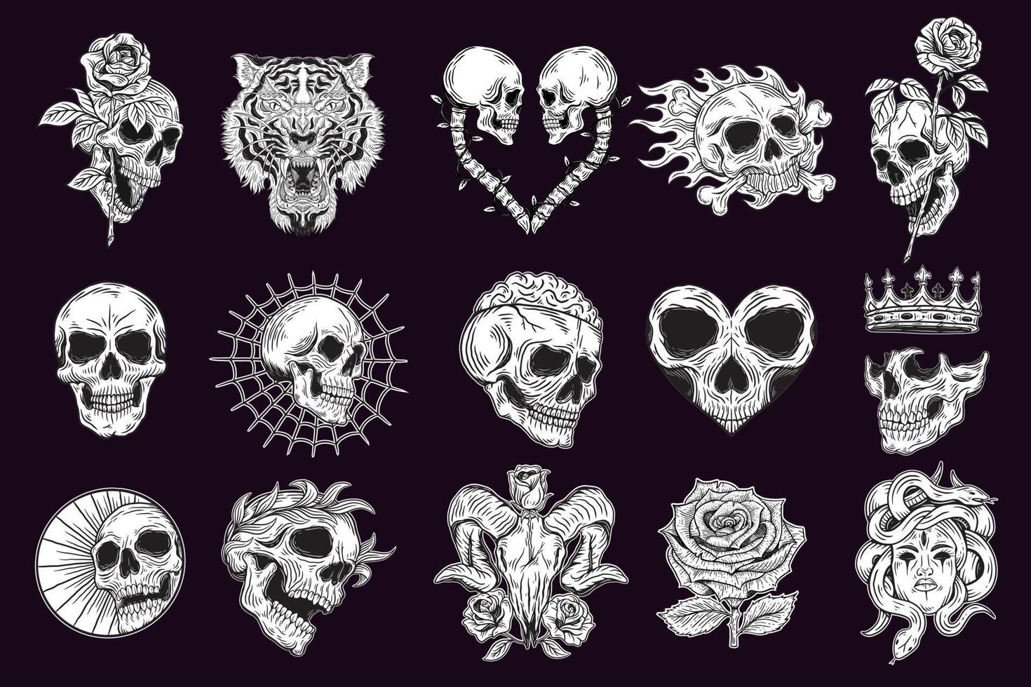 establecer un paquete de mega colección de huesos de cráneo dibujados a mano cabeza arte oscuro con diferentes ilustraciones de estilo de contorno de eclosión de ángel vector
