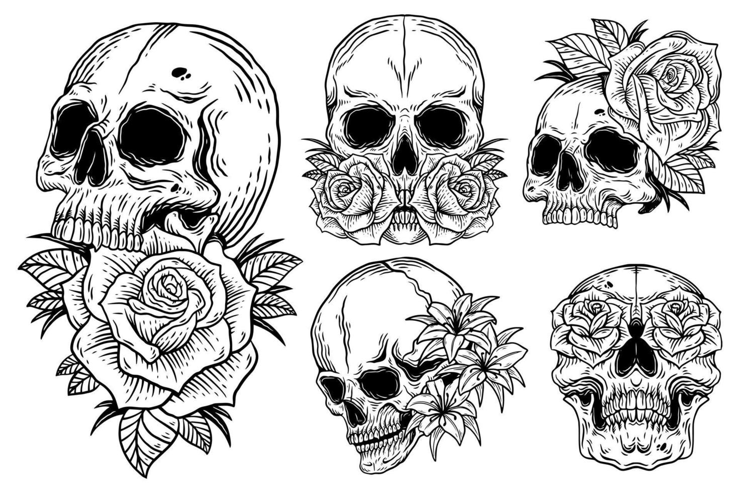 Bundle Set Skull Rose Dark illustration Devil Demon Horror Skull Bones Head Hand drawn Hatching Symbol Tattoo Merchandise T-shirt Merch vintage vector