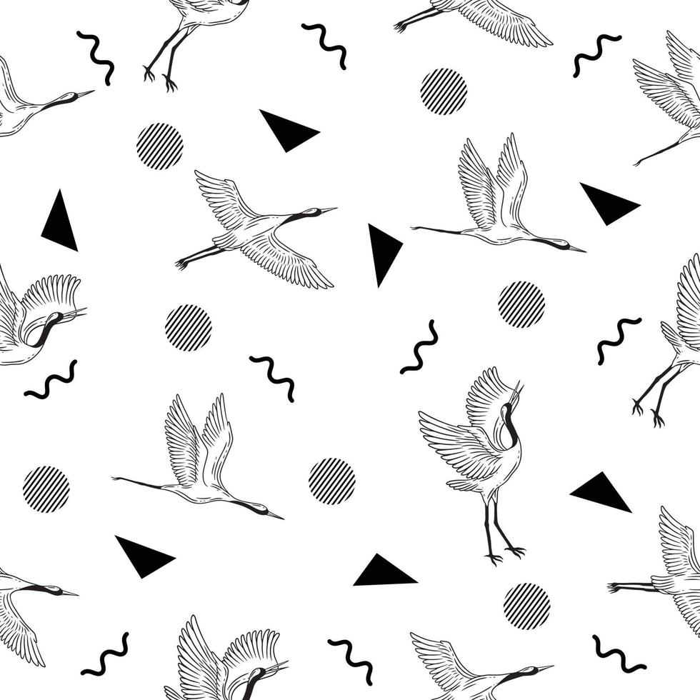 cute white stork animal seamless black object pattern wallpaper with design white. vector