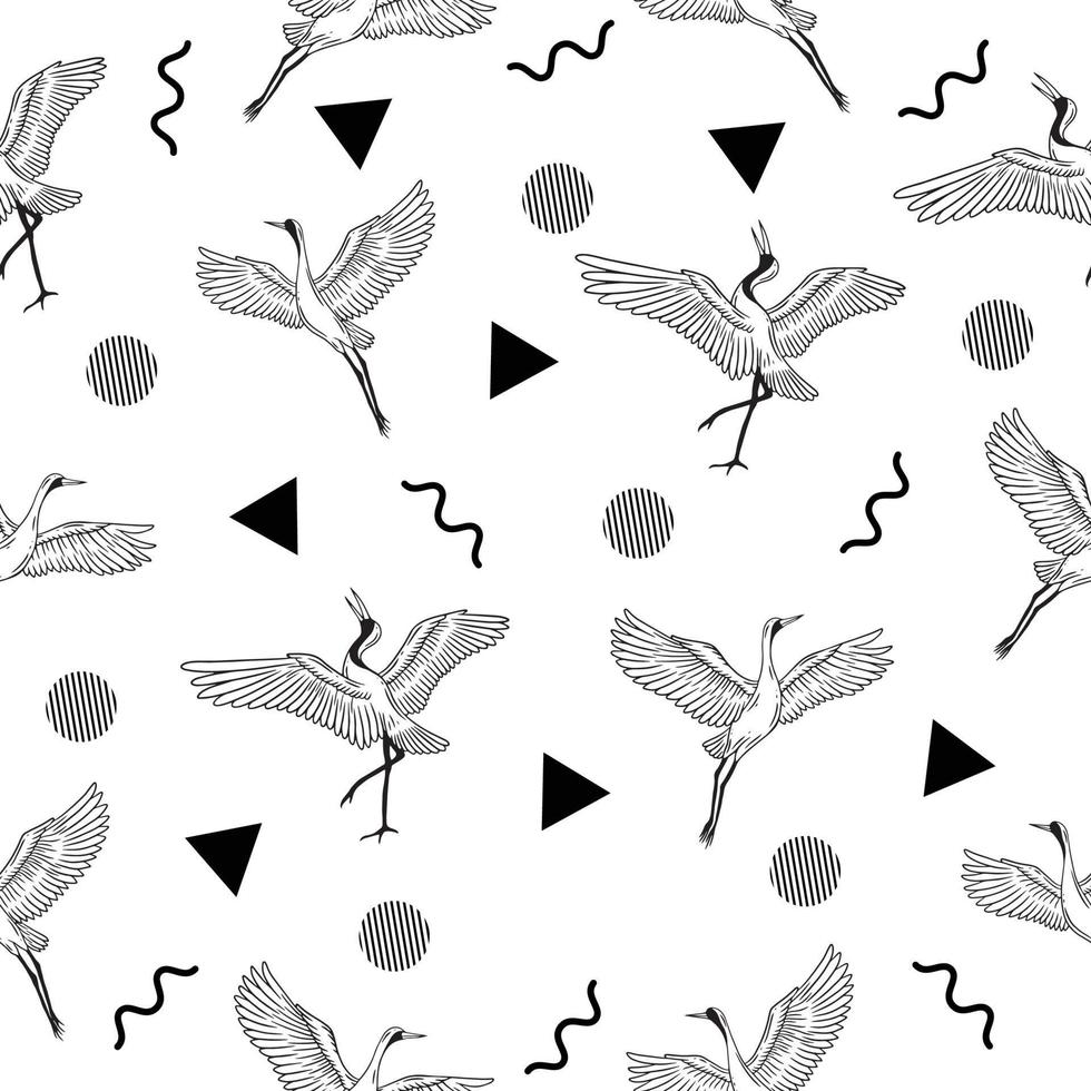 cute white stork animal seamless black object pattern wallpaper with design white. vector
