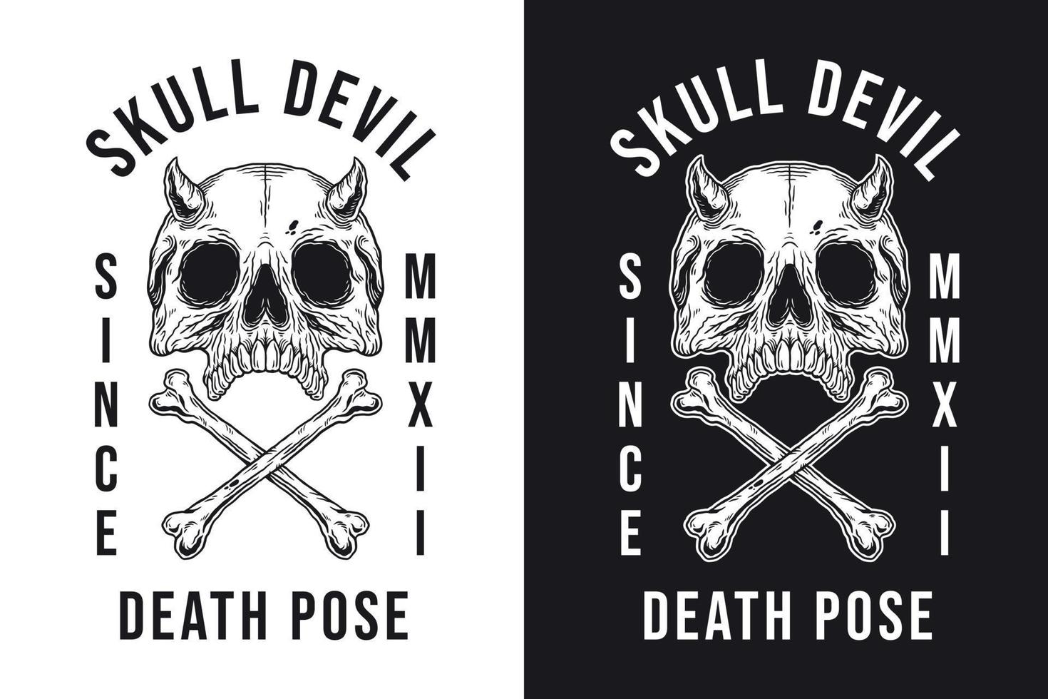 Set Skull Devil Horn Head Cross Bone Hand drawn Hatching Outline Symbol Tattoo Merchandise T-shirt Merch vintage vector
