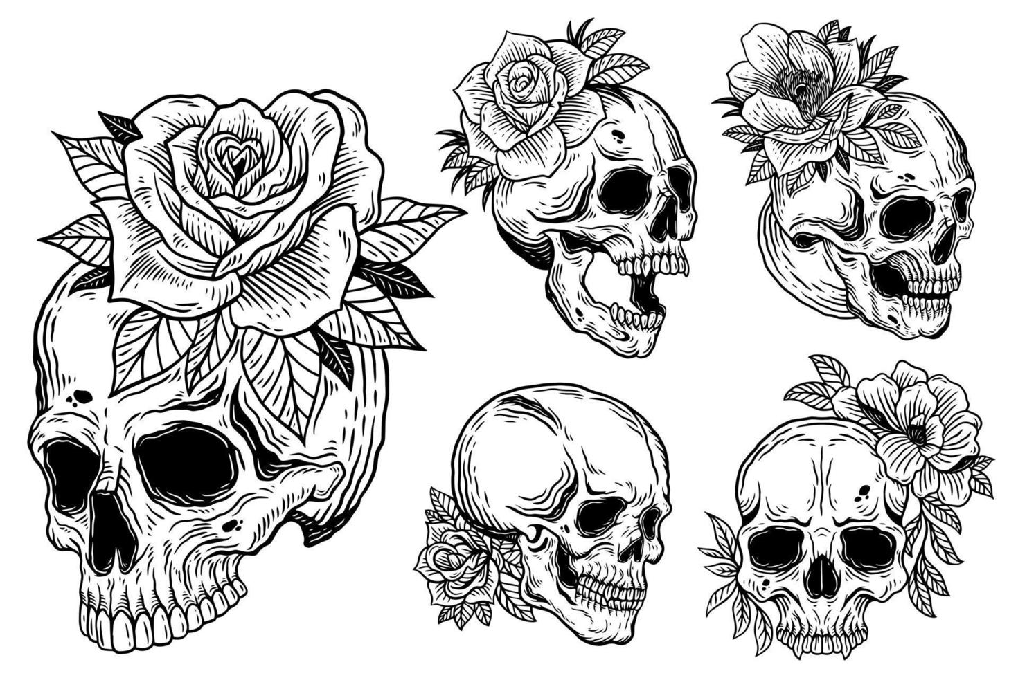 Bundle Set Skull Rose Dark illustration Devil Demon Horror Skull Bones Head Hand drawn Hatching Symbol Tattoo Merchandise T-shirt Merch vintage vector