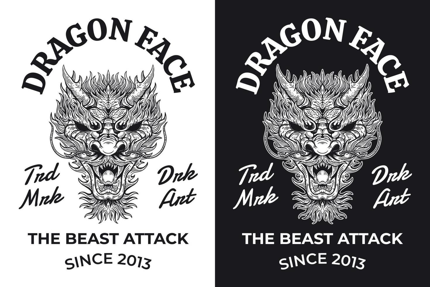 conjunto dragón bestia cabeza dibujado a mano eclosión contorno símbolo tatuaje mercancías camiseta merch vintage vector