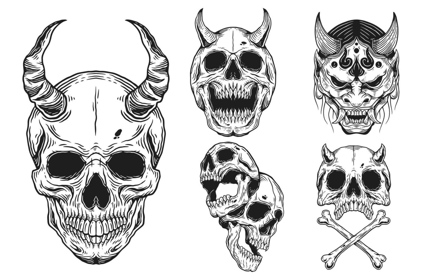 Bundle Set Skull Dark illustration Mask Devil Demon Skull Bones Head Hand drawn Hatching Outline Symbol Tattoo Merchandise T-shirt Merch vintage vector