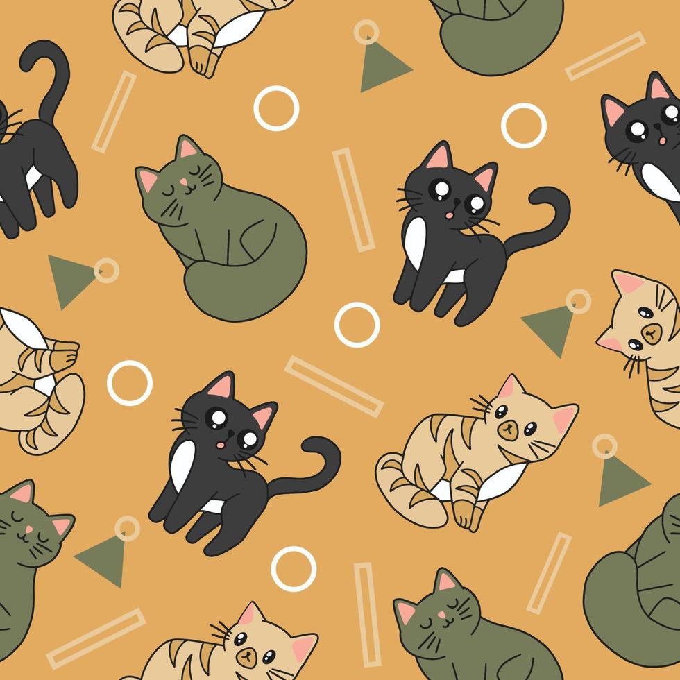 lindo animal gato negro y verde papel tapiz de patrones sin fisuras con diseño naranja. vector