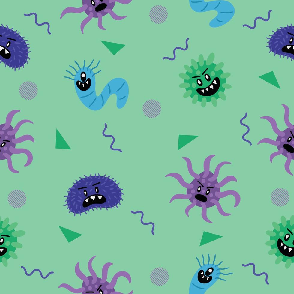 Fondo de pantalla de patrones sin fisuras de bacterias coloridas malas lindas con diseño azul verdoso claro. vector