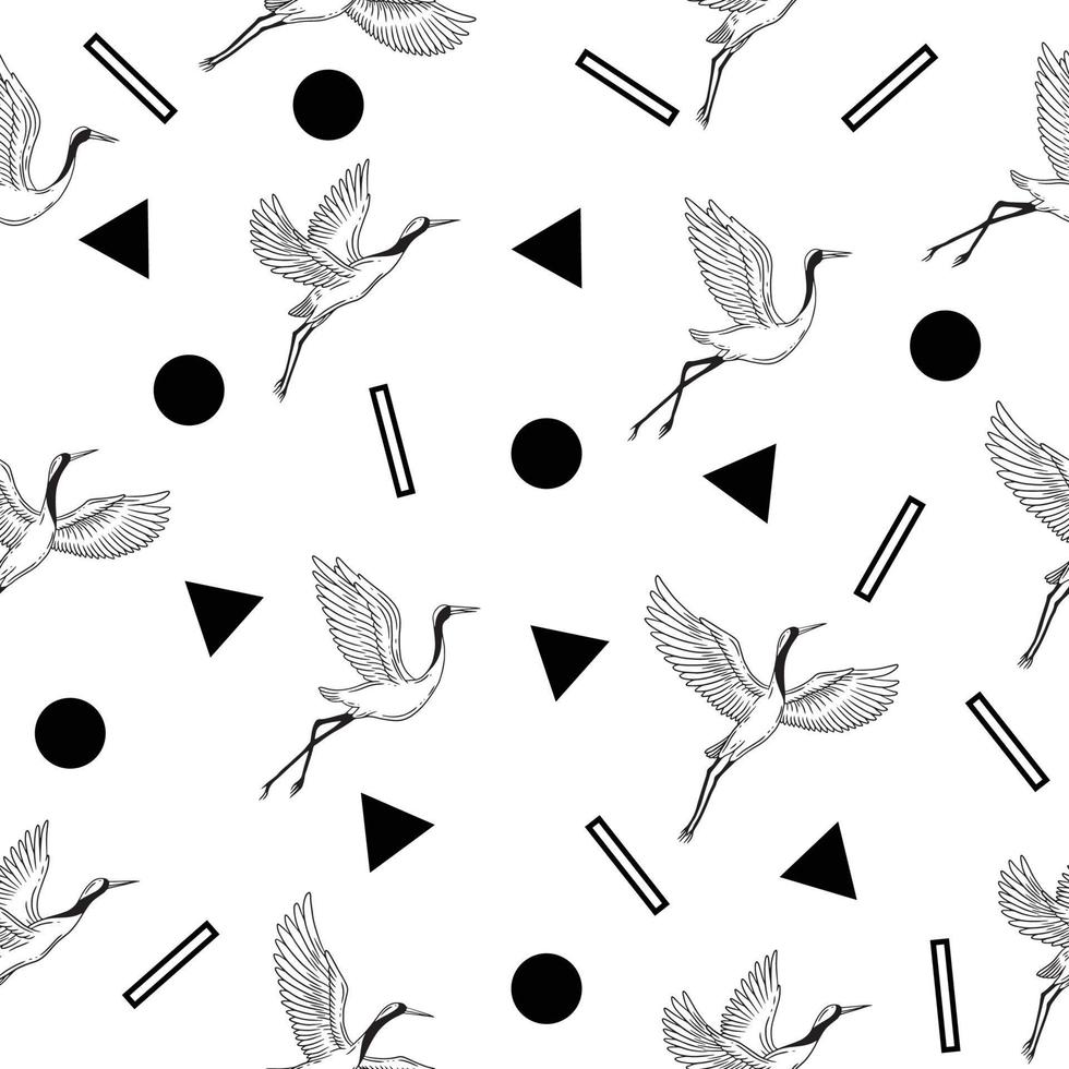 cute white stork animal seamless black object pattern wallpaper with design white. vector