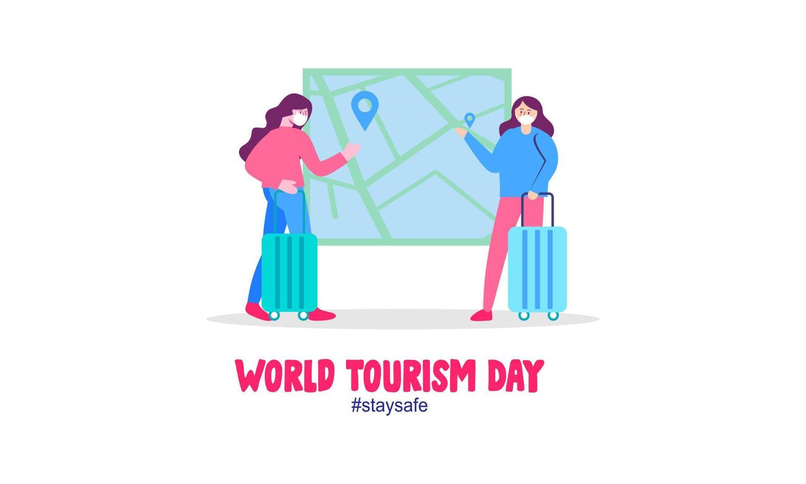 Traveling couple with face mask illustration. Traveling new normal concept during coronavirus outbreak. Travel with face mask vector