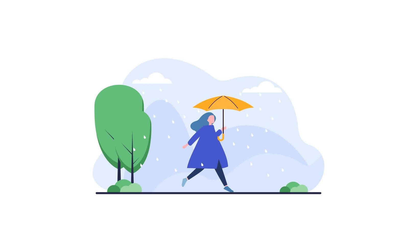 People walking with umbrellas weather with rainy landscapes illustration vector