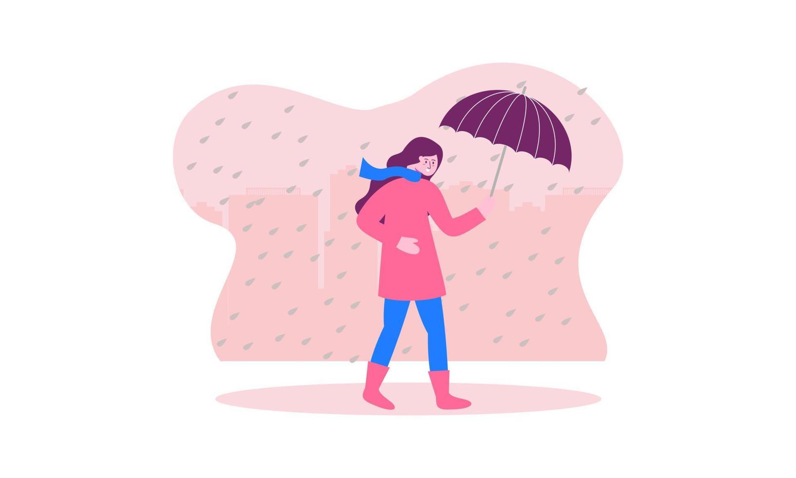 gente caminando con paraguas clima con ilustración de paisajes lluviosos vector