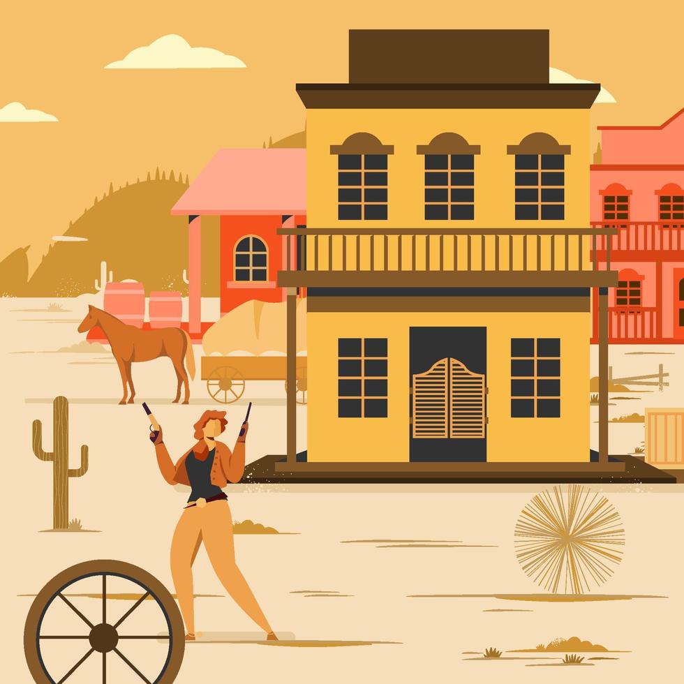 Cowboy Woman Holding Gun In Town Concept vector