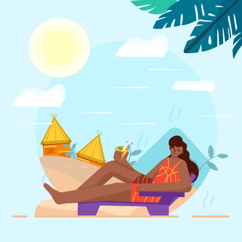 Woman Sun Bathing On The Beach Concept vector