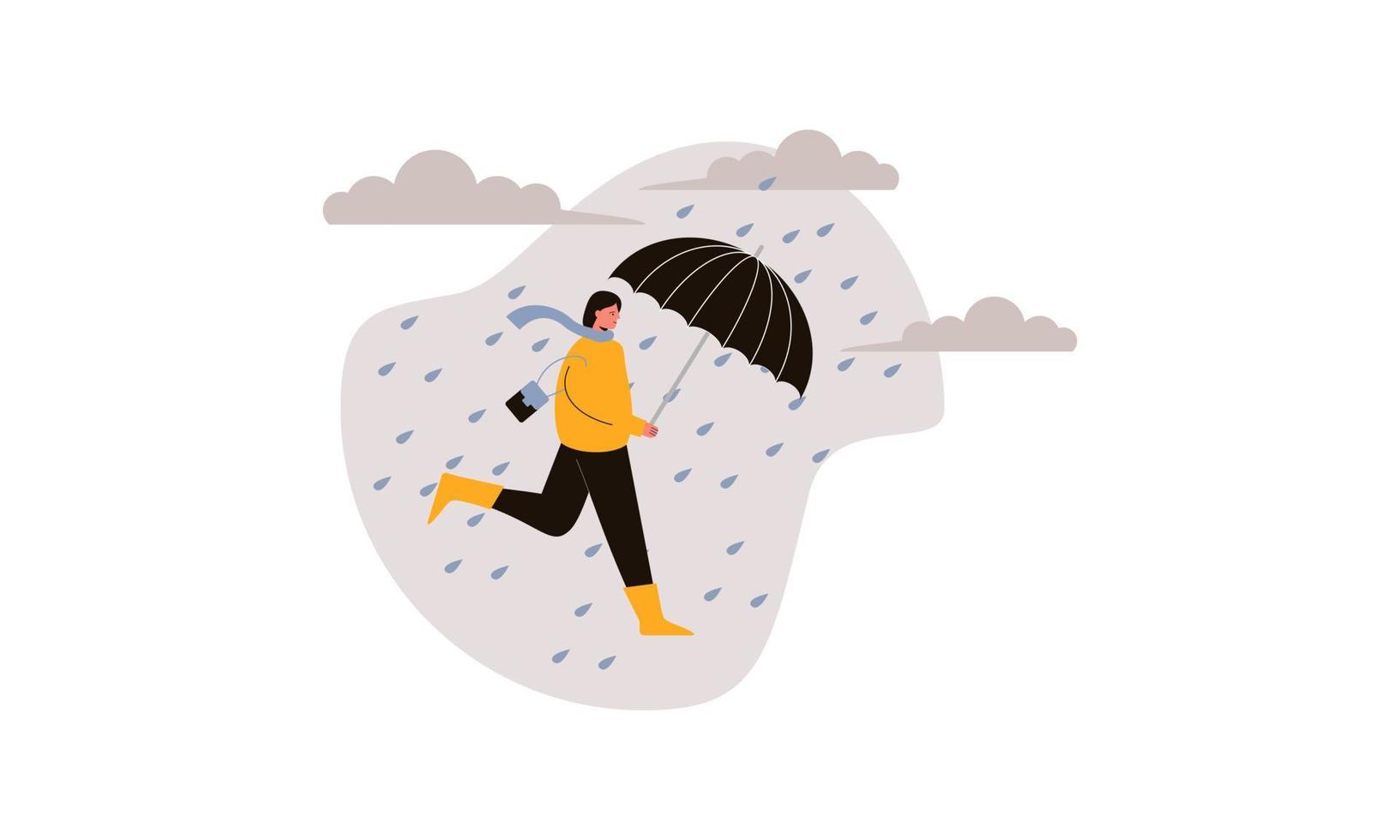 gente caminando con paraguas clima con ilustración de paisajes lluviosos vector