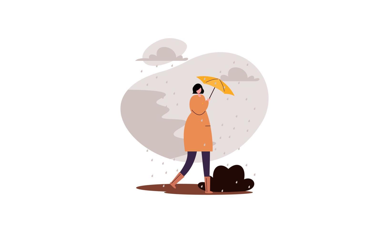 gente caminando con paraguas clima con ilustración de paisajes lluviosos vector