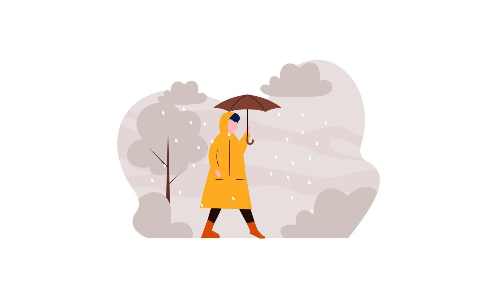 People walking with umbrellas weather with rainy landscapes illustration vector