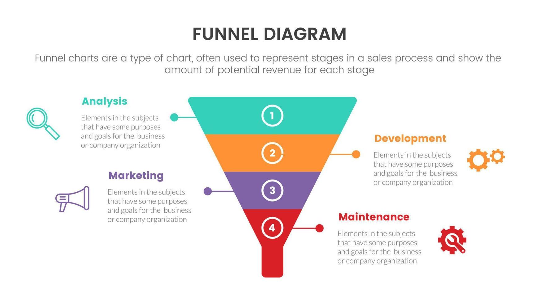 infographic funnel chart concept for slide presentation with 4 point list and funnels shape vertical direction vector