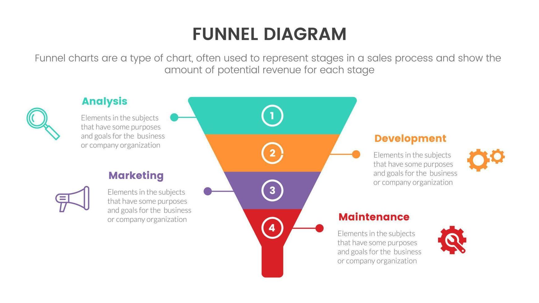 concepto de gráfico de embudo infográfico para presentación de diapositivas con lista de 4 puntos y dirección vertical de forma de embudo vector