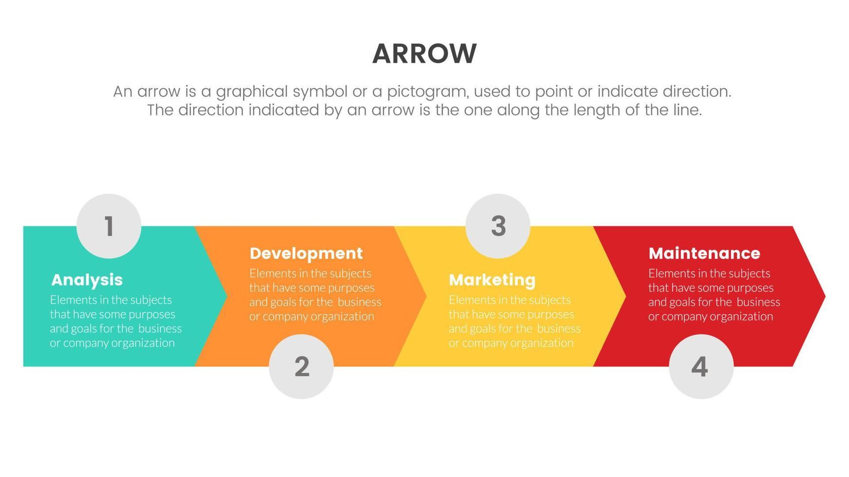 arrow infographic with timeline concept for slide presentation with 4 point list and arrow shape direction vector