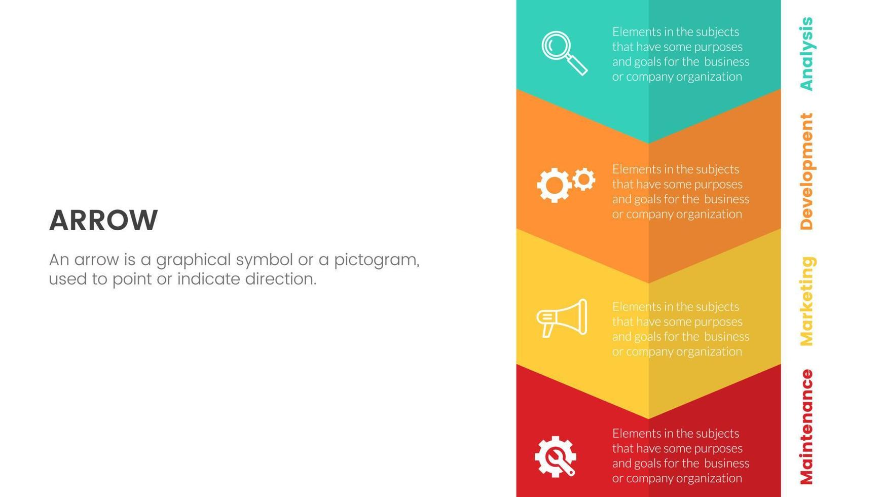 infografía de flecha con concepto de forma vertical para presentación de diapositivas con lista de 4 puntos y dirección de forma de flecha vector