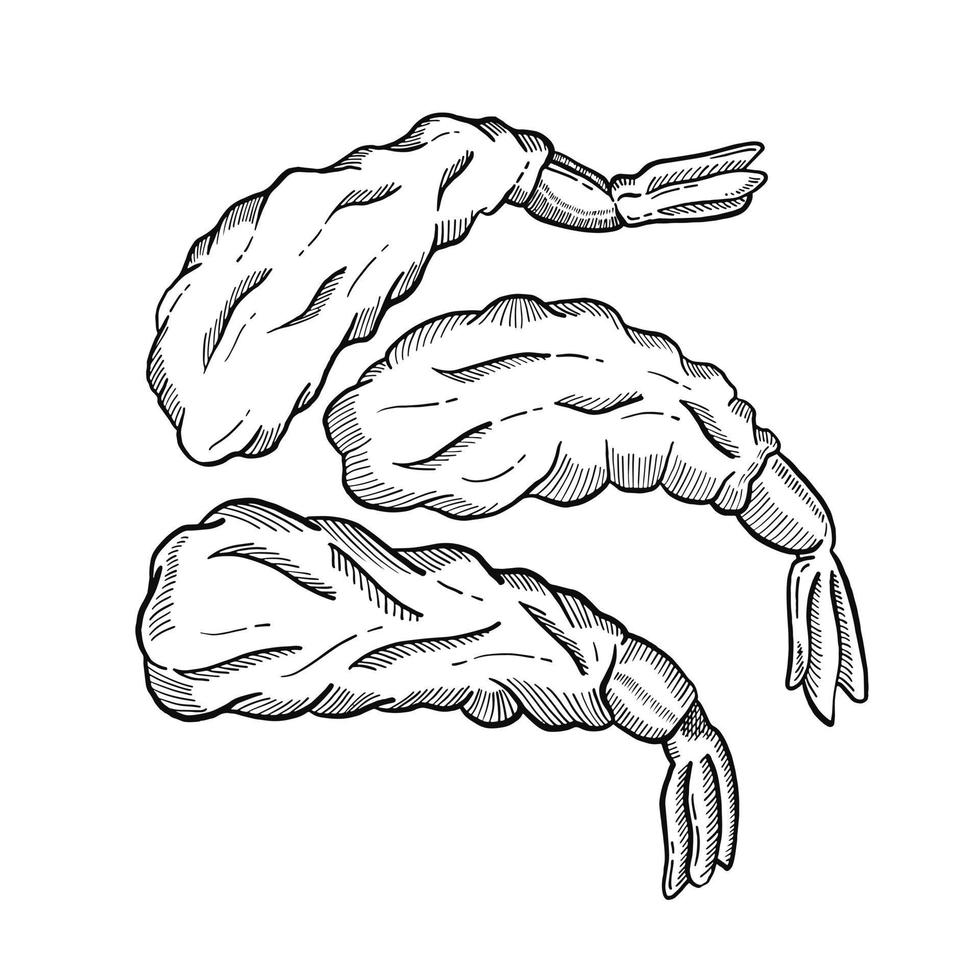 camarones tempura japón o comida tradicional japonesa doodle boceto dibujado a mano con estilo de contorno vector