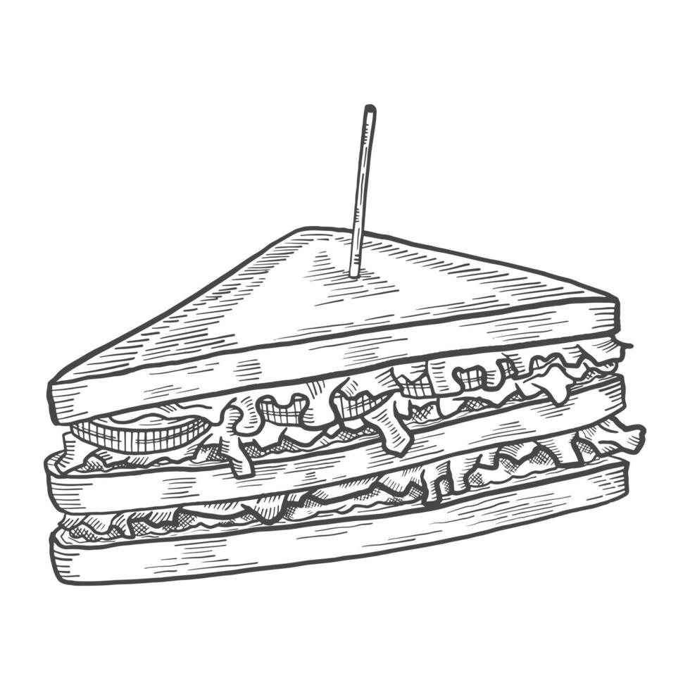 Sándwich de comida rápida solo boceto dibujado a mano aislado con estilo de esquema vector