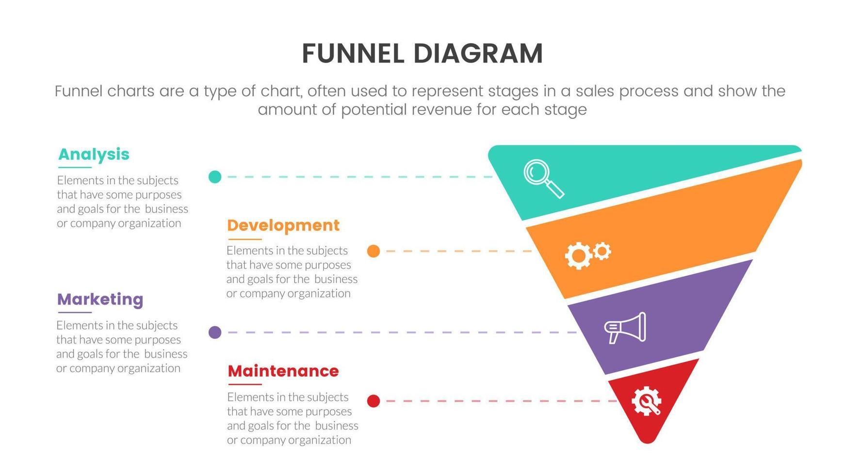 concepto de gráfico de embudo infográfico para presentación de diapositivas con lista de 4 puntos y dirección de pirámide de forma de embudo vector