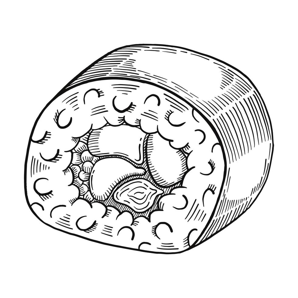 maki sushi japón o comida tradicional japonesa doodle boceto dibujado a mano con estilo de esquema vector