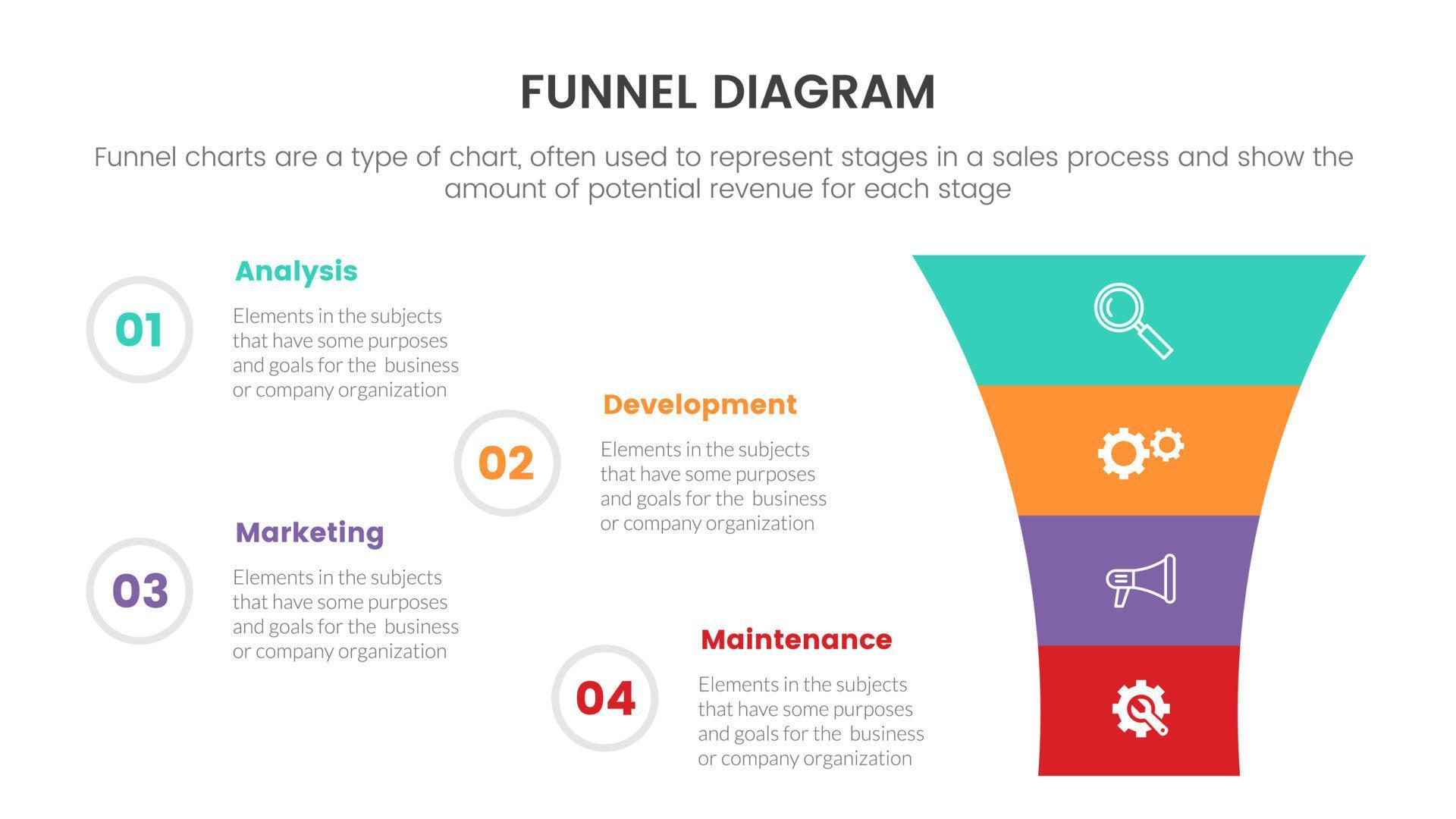 infographic funnel chart concept for slide presentation with 4 point list and funnels shape