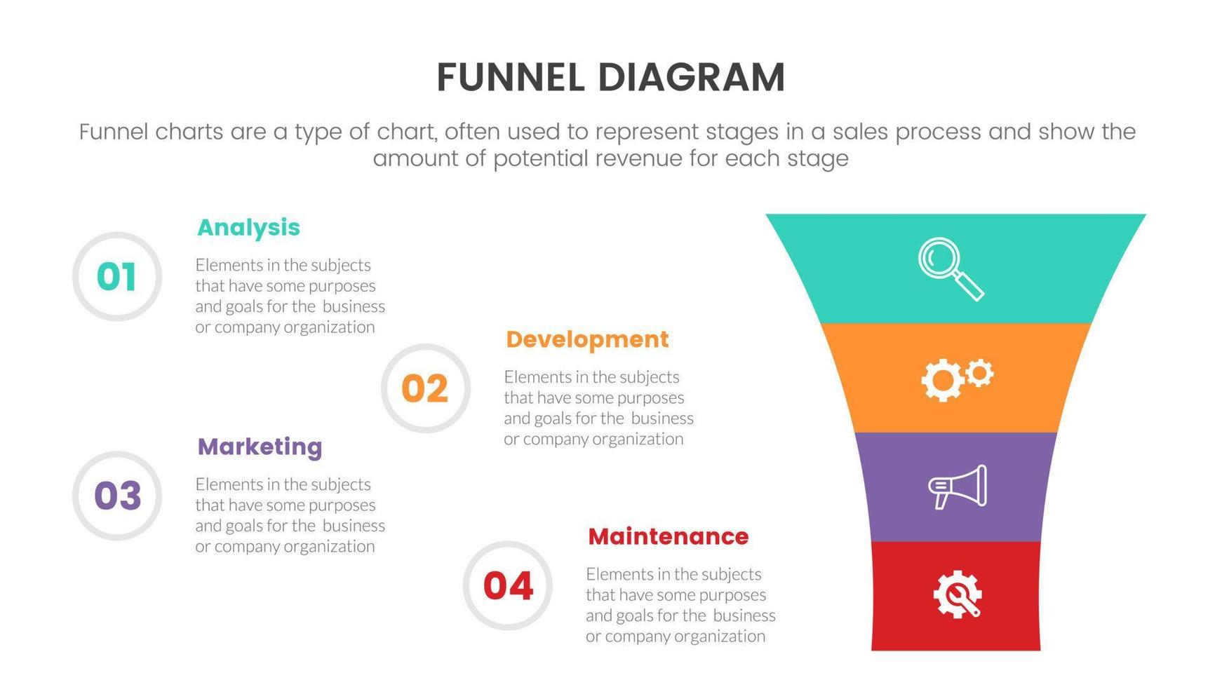 concepto de gráfico de embudo infográfico para presentación de diapositivas con lista de 4 puntos y dirección vertical de forma de embudo vector