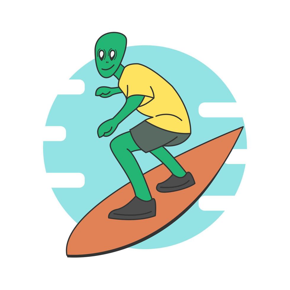 Cute alien character surfing in flat cartoon style vector
