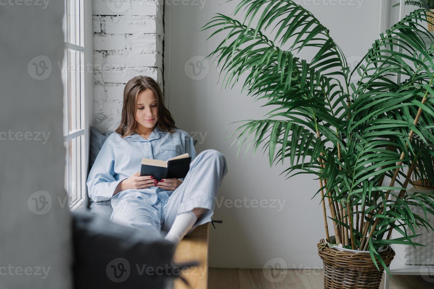 Shot of serious concentrated female student focused into textbook, wears pyjamas, sits on window sill in cozy room with green plant, prepares for classes. People, reading and coziness concept photo