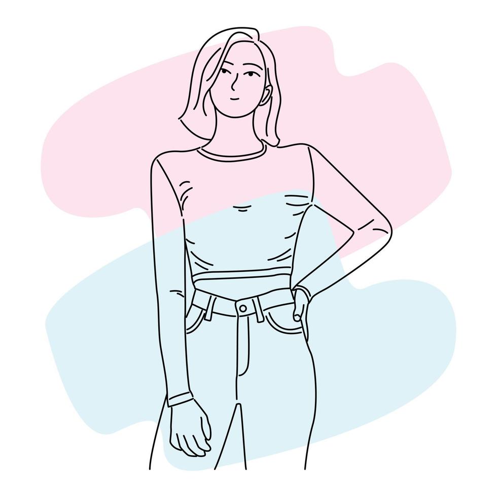 personaje femenino posando en estilo de arte lineal vector