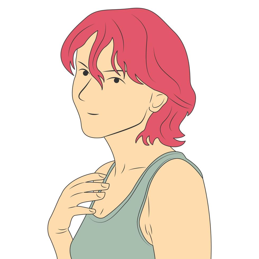 hermoso personaje de mujer con pelo rosa en estilo de dibujos animados planos vector