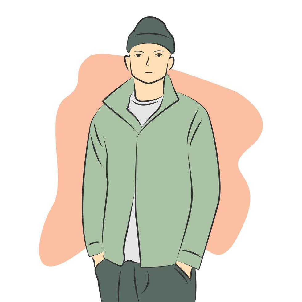 personaje masculino con chaqueta verde en estilo de dibujos animados planos vector