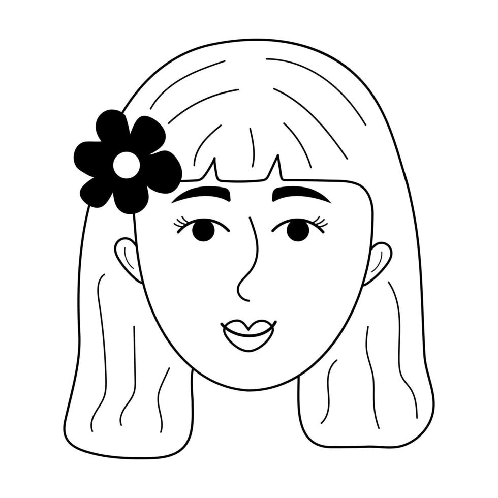 Woman face with flower in her hair in doodle style. Avatar of smiling girl. vector