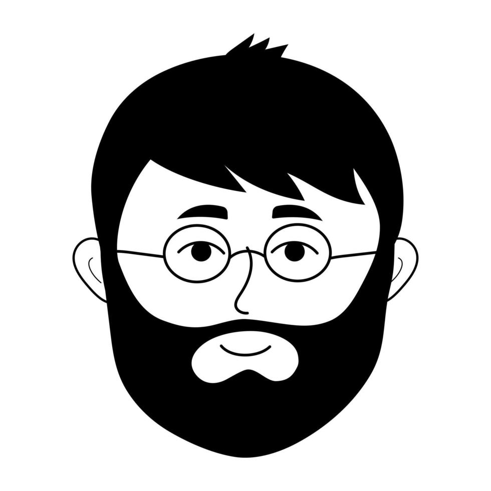 Man face with beard and eyeglasses in doodle style. Avatar of smiling man. vector