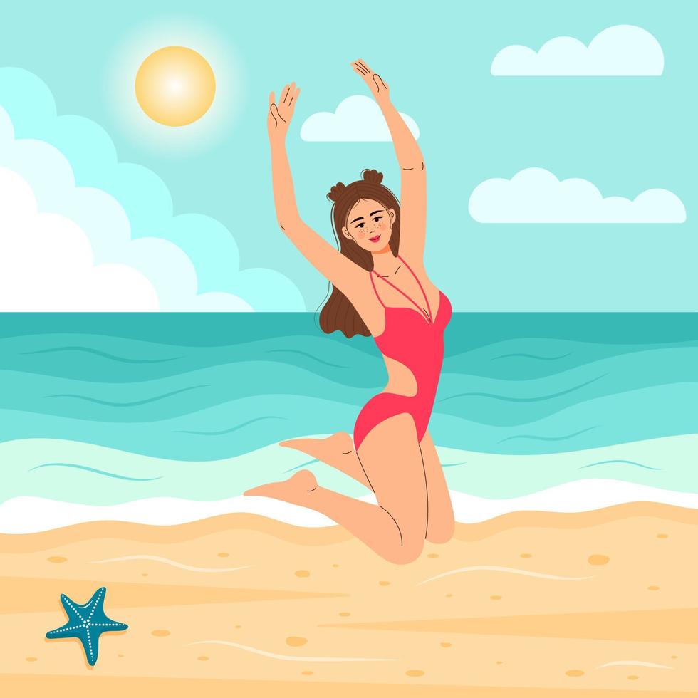 hermosa chica en traje de baño saltando en la playa. vacaciones de verano, paisaje marino, estilo de vida saludable, relajación en la playa. vector