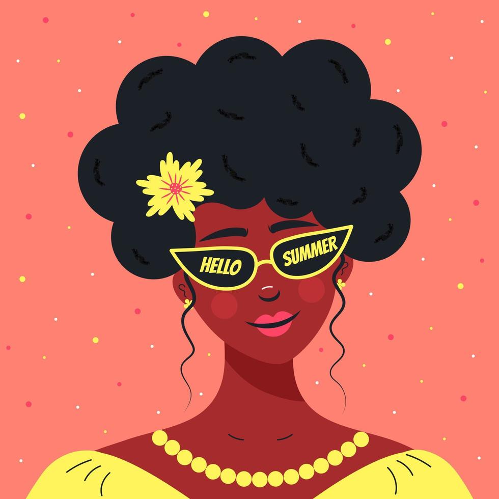 Beautiful african girl with sunglasses. Hello summer quote into the glasses. vector